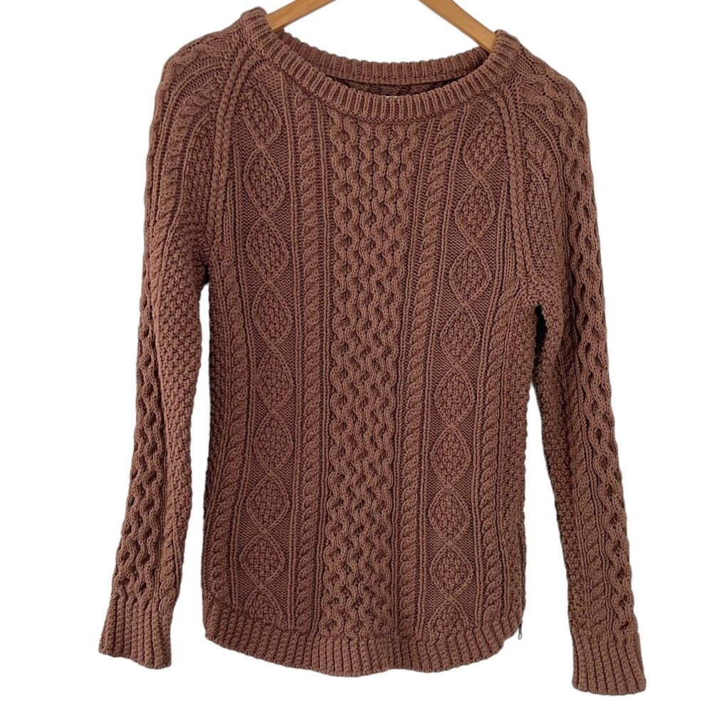 LL Bean Signature Tunic Fisherman Sweater XXS Brown Cable Knit Side Zip Pullover